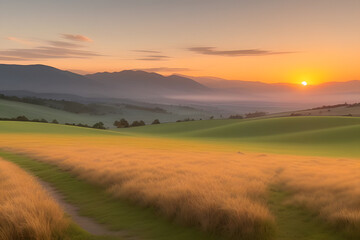 Obraz premium A vibrant sunset paints the sky with hues of orange, yellow, and pink, casting a warm glow over rolling hills and a lush, green meadow. The sun dips below the horizon, leaving a trail of light across 