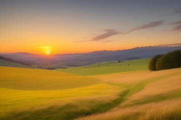 Fototapeta premium A vibrant sunset paints the sky with hues of orange, yellow, and pink, casting a warm glow over rolling hills and a lush, green meadow. The sun dips below the horizon, leaving a trail of light across 