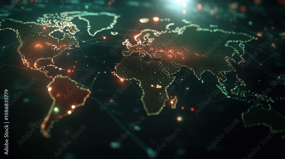 Poster Abstract Digital World Map with Connected Dots and Glowing Lines Representing Data Flow and Global Communication Networks in a High-Tech Environment