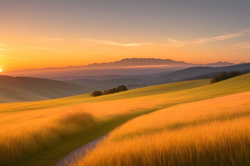 Obraz premium A vibrant sunset paints the sky with hues of orange, yellow, and pink, casting a warm glow over rolling hills and a lush, green meadow. The sun dips below the horizon, leaving a trail of light across 