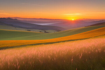 Fototapeta premium A vibrant sunset paints the sky with hues of orange, yellow, and pink, casting a warm glow over rolling hills and a lush, green meadow. The sun dips below the horizon, leaving a trail of light across 