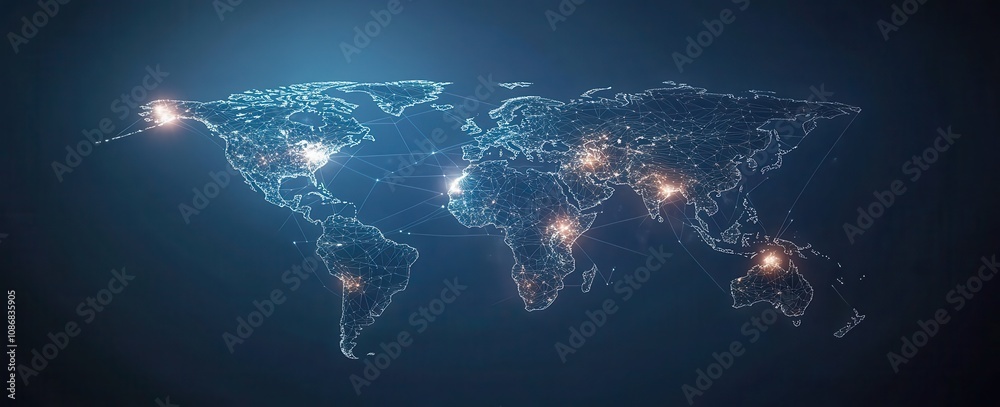 Poster Futuristic Digital World Map with Glowing Nodes and Connections Representing Global Networking and Communication in a High-Tech Environment