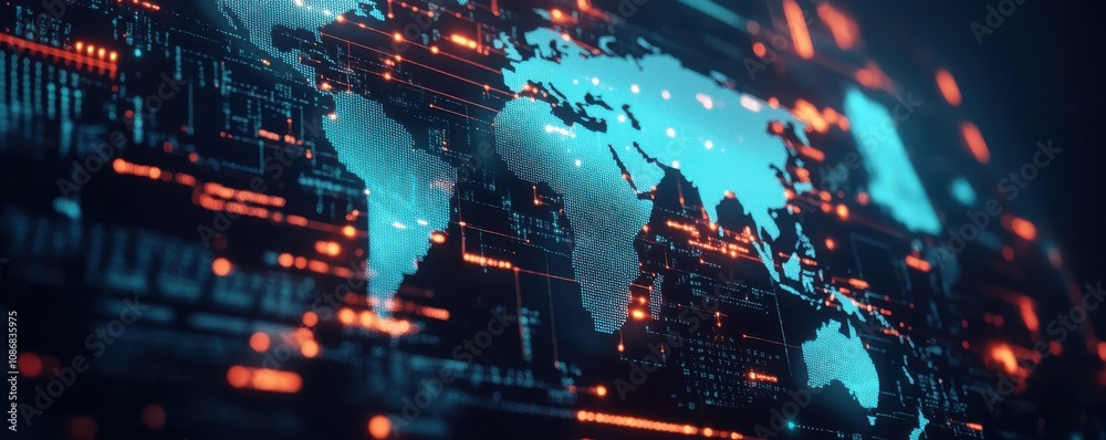 Poster global digital world map with colorful data connections highlighting technology and communication in