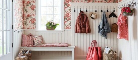 Floral-accented cottage mudroom with beadboard, practical benches, and outerwear hooks.