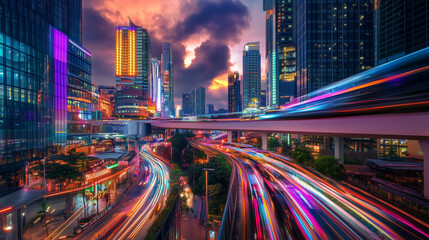 Fototapeta premium Futuristic cityscape with neon-lit skyscrapers, flying cars, and vibrant urban life.