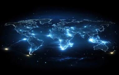 Futuristic Digital World Map with Glowing Lines and Connections Representing Global Networks and Communication in a Dark Space Environment