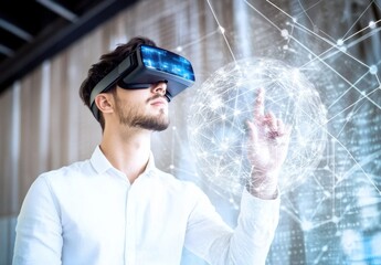 Young man wearing virtual reality headset interacting with holographic interface in modern setting showcasing technology, innovation, and digital connection in contemporary life.