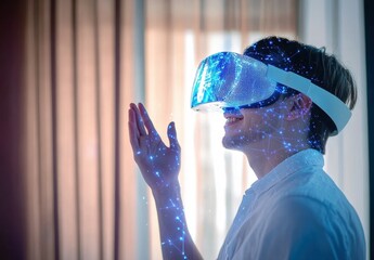 Young man experiencing virtual reality technology with glowing digital effects, smiling and interacting in a modern setting with innovative virtual elements