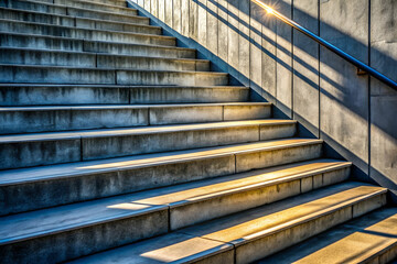 Obraz premium Brutalism Staircase with warm sunlight casting long shadows on concrete steps, creating a visually striking interplay of light and geometry.