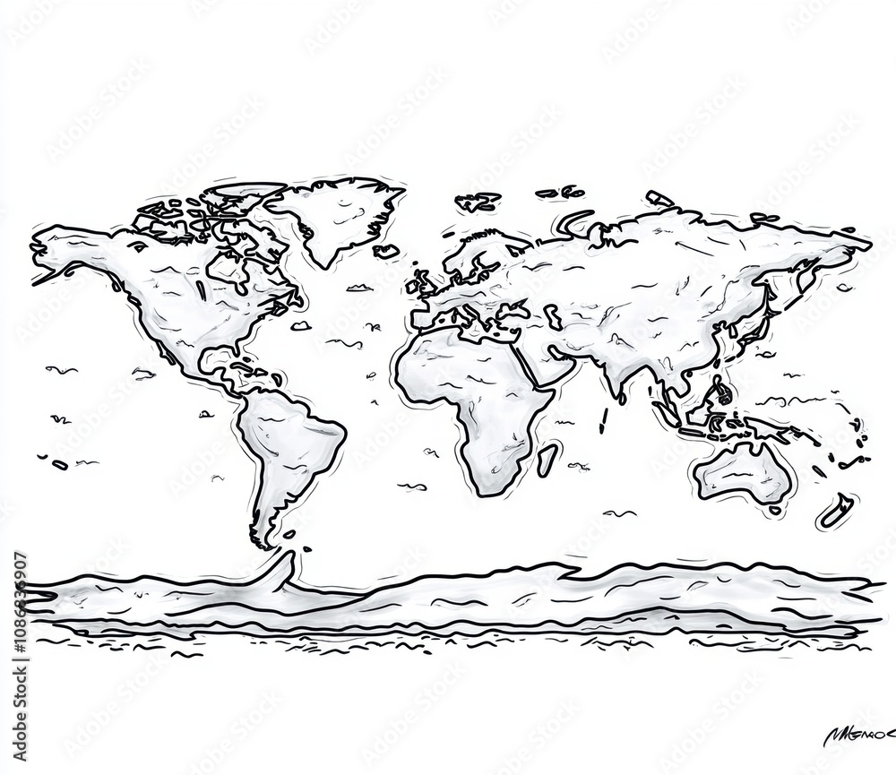 Wall mural hand-drawn sketch of the world map with ocean waves, showcasing continents and geographical features