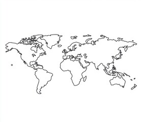World Map Outline in Black and White, Geometric Representation of Continents and Oceans, Minimalist Design Suitable for Various Creative Projects and Educational Purposes