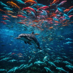 Obraz premium A dolphin surrounded by a school of glowing neon fish.
