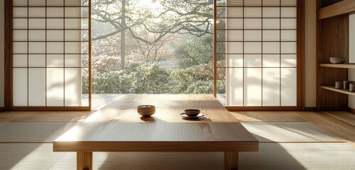 Simple Japandi dining space featuring a natural wood table in a minimalist design.