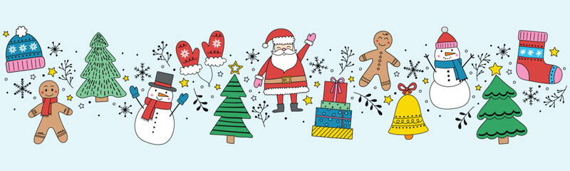 Christmas banner with cartoon characters and decorations. Vector illustration