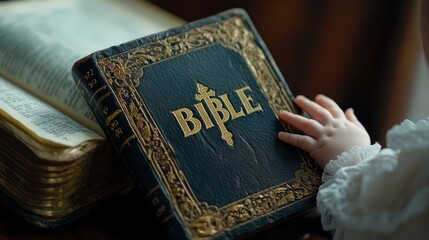 A delicate hand explores the ornate cover of a Bible, nestled beside a similar book, creating an atmosphere of reverence and curiosity