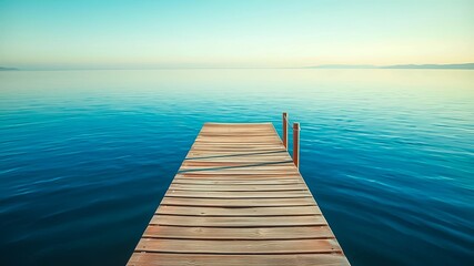 Fototapeta premium A solitary wooden pier extends into the tranquil blue water, disappearing into the horizon, under a serene sky, inviting contemplation and a sense of peace.