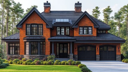 3D model of a family home with a large garage and brick detailing, on a white background.