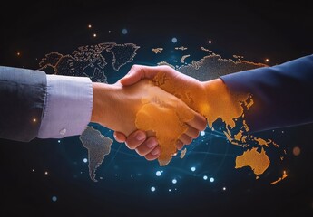 Hands Shaking Over a Digital World Map Representing Global Partnership and Collaboration in Business, Technology and International Relations