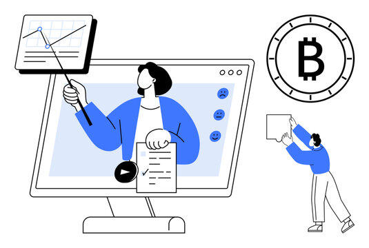 Person giving a presentation on a monitor, holding a pointer and document. Bitcoin symbol and person handling a package. Ideal for online education, finance, technology, business, cryptocurrency