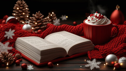 Book with Hot Drink and Christmas Decorations