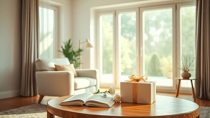 Obraz premium A Gift Wrapped in a White Box with Gold Ribbon Sitting on a Coffee Table Beside an Open Book and a Flower