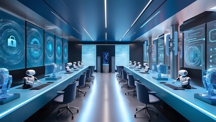 Futuristic server room with robots and holographic displays