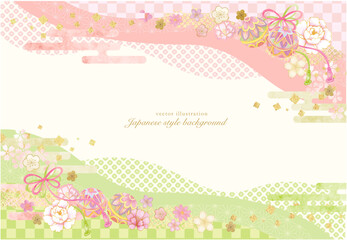 水彩で描いた鞠と紐のリボンの和柄の背景