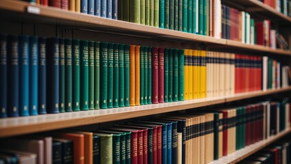Fototapeta premium Colorful leather-bound books neatly arranged on modern library shelves with soft backlighting
