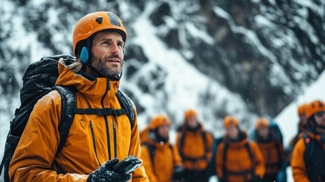 A mountain guide provides a safety briefing, showing how to use a walkie-talkie for communication while leading a group in snowy terrain.