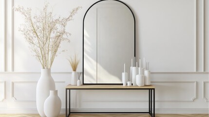 Minimalist Interior Design with Arched Mirror and White Vases