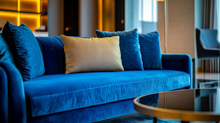 Luxurious Modern Minimalist Living Room with Rich Blue Velvet Sofa and Stylish Furnishings. Elegant Home Decor with Cozy Ambient Lighting Setting a Warm and Inviting Atmosphere