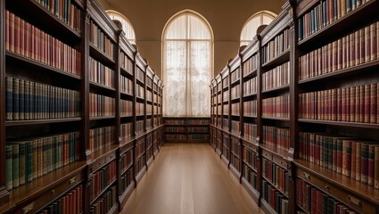 An elegant library corridor featuring rich wooden shelves lined with books, illuminated by soft natural light through large windows