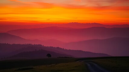 Fototapeta premium A solitary tree stands tall against a backdrop of rolling hills silhouetted by a fiery sunset.