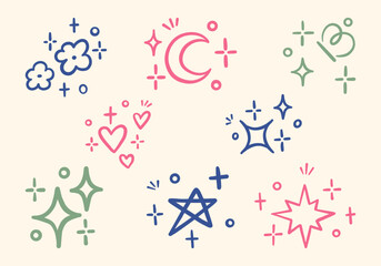 Hand Drawn Decorative Sparkle and Element. A collection of 8 unique hand-drawn line art elements including sparkles, stars, hearts, clouds, and a crescent moon for creative or decorative use