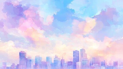 Fototapeta premium Vibrant New Year Celebration with Purple City Fireworks at Night, Featuring Soft Watercolor Tones and Natural Landscape Elements, Wallpaper, Emphasizing Seasonal Cultural Significance of New Year's Da