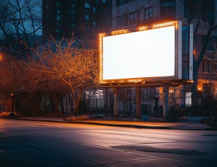 A vacant, illuminated billboard in a quiet city street during twilight, surrounded by dimly lit buildings and bare trees, evoking a sense of solitude.