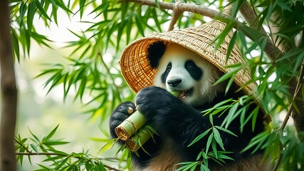 Obraz premium A playful panda wearing a traditional hat enjoys a delicious meal of fresh bamboo stalks while perched amongst verdant foliage.