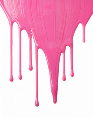 Vibrant pink paint dripping on white background. Fresh bright paint flowing down. Abstract pattern.