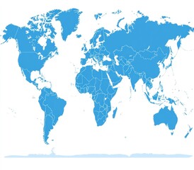 Detailed World Map in Blue with Clear Boundaries and Regions Illustrating Continents and Countries for Educational and Informative Purposes