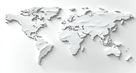 Three-Dimensional White Map of the World Created with Layered Paper Technique Showcasing Continents and Remarkable Geographical Features in a Minimalist Design