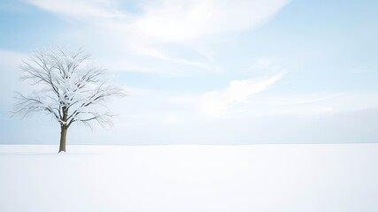 Fototapeta premium A solitary frost-covered tree stands tall in a vast, snow-covered field under a pale blue sky, a tranquil winter scene.