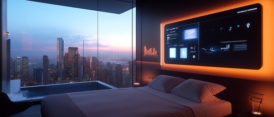 A hightech hotel suite with holographic displays