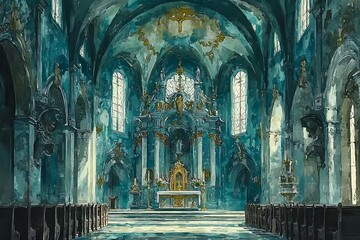 Obraz premium Artistic Watercolor Rendering of a Tranquil Church Interior Serene Teal Hues and Architectural Details.
