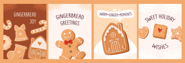 Invitation and greeting cards with gingerbread cookie decorated with icing. Festive and sweet treat for Christmas and winter. Cozy tradition of homemade baking.