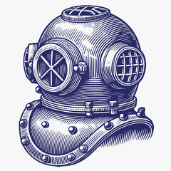 Vintage Deep Sea Diver Helmet Vector Illustration in Engraving Style Representing Classic Maritime Exploration Gear