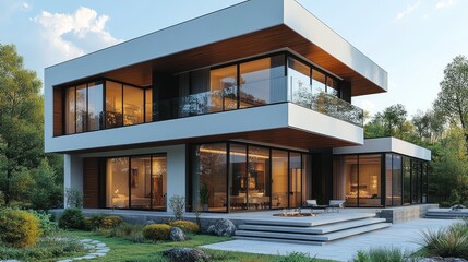 Fototapeta premium 3D model of a modern townhouse with minimalist design and clean architecture, isolated on white.