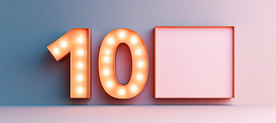 Number ten and blank pink sign illuminating gray wall
