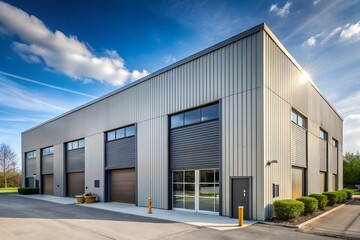 Exterior of a modern warehouse with a small office unit