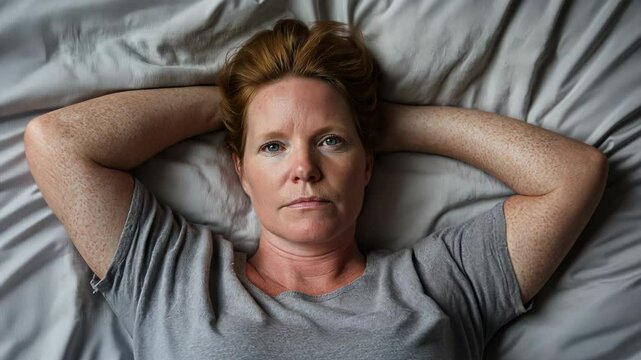 Woman lying in bed with arms behind head, thoughtful expression showing rest, contemplation, and solitude. Adult female reflecting on emotions, relaxation, and mindfulness in peaceful bedroom setting