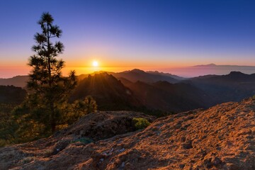 Sunset over Gran Canaria mountains.